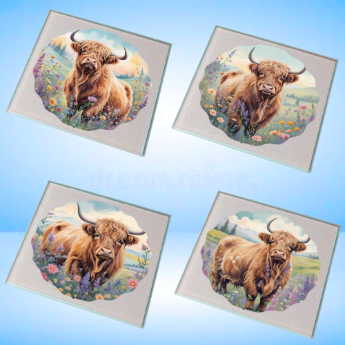 (image for) Personalised Curly Highland Cow 10cm Square Glass Drinks Cup Coaster